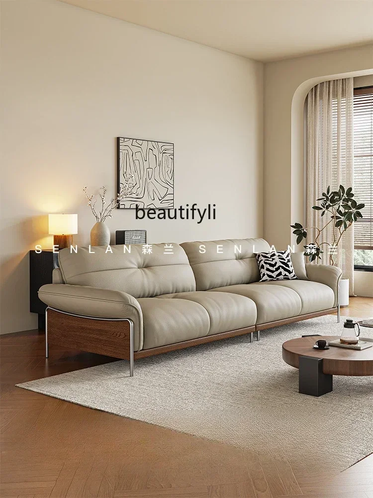 

xzzS Medieval leather Italian minimalist straight row sofa retro double small apartment living room first layer cowhide sofa
