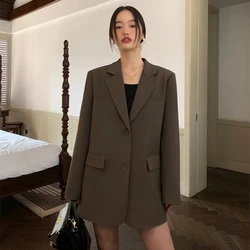 Jaqueta de terno preto lapela feminina, manga comprida, traseira dividida, blazer senhora do escritório, casaco solto, moda coreana, outono, inverno