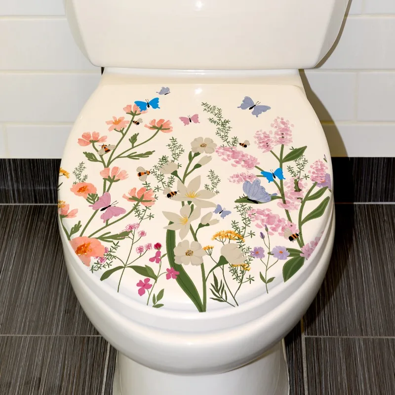 Colored Butterfly Flower Toilet Sticker Bathroom Toilet Cover Background Wall Sticker Self-adhesive Sticker