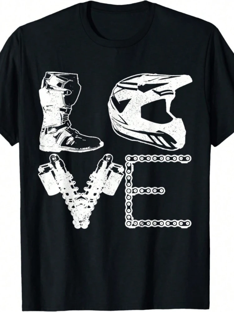 Men's Motocross LOVE Graphic printed T-Shirt-100% Cotton,Black with White Motorcycle Helmet & Boots Design.