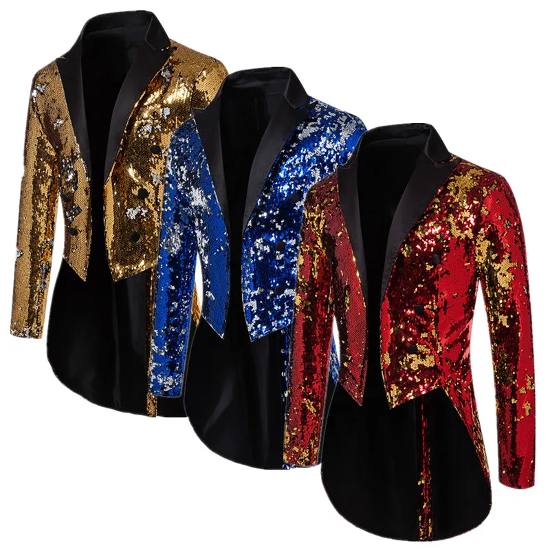 

Fashion Men Luxury Sequins Tuxedo Blazer Jacket British Style Men's Court Wedding Banquet Suit Singer Performance Dress Coats