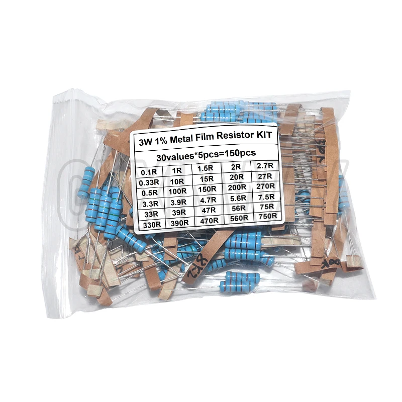 1/2 واط 1 واط 2 واط 3 واط المقاومة 1% معدن مقاوم من غشاء مجموعة متنوعة 30 قيم 1R ~ 750R 1 كيلو ~ 820 كيلو أوم