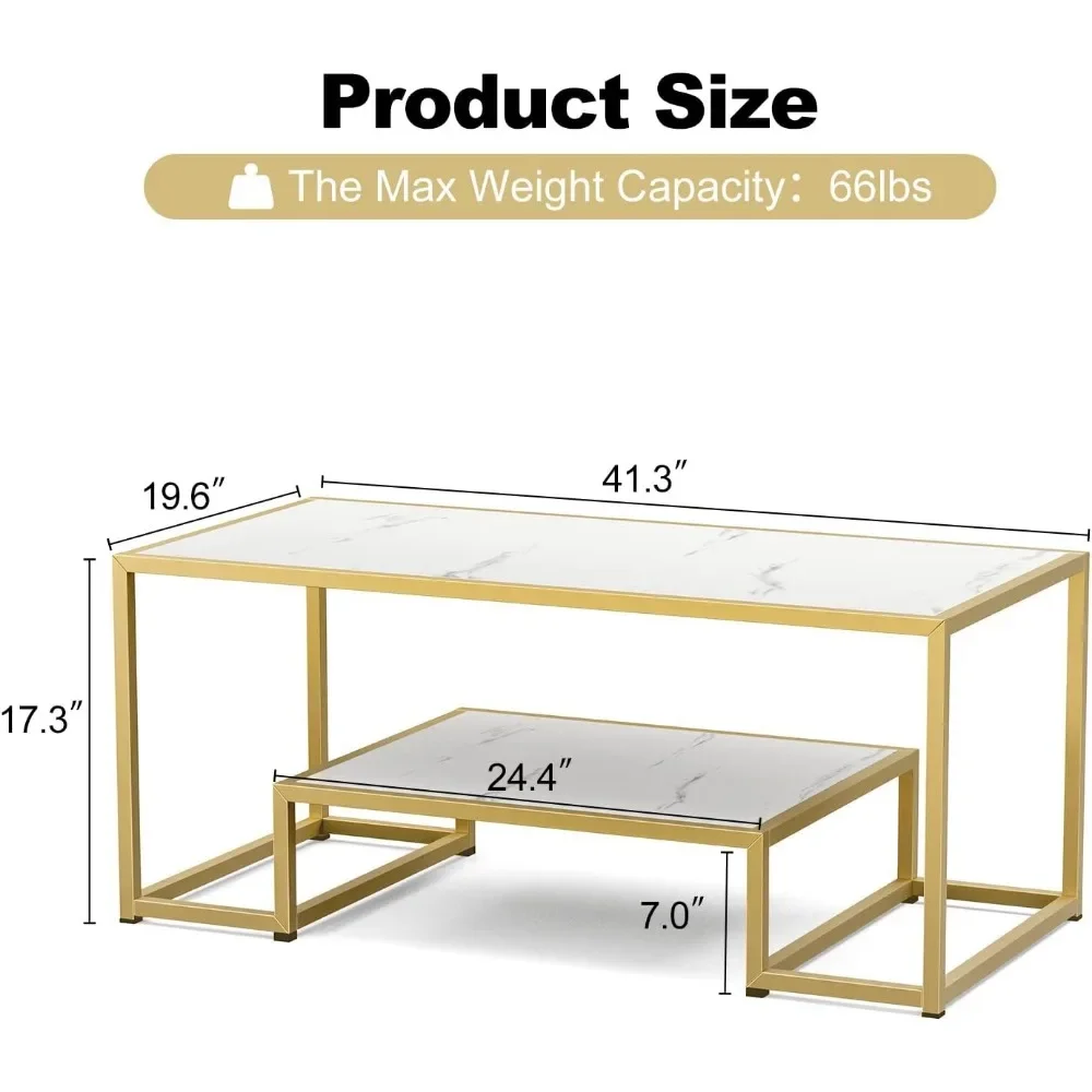 3 Piece Modern Marble Coffee Table Set, Coffee Table&2 Side Table with Gold Metal Frame and Storage Shelf,Living Room Table Sets