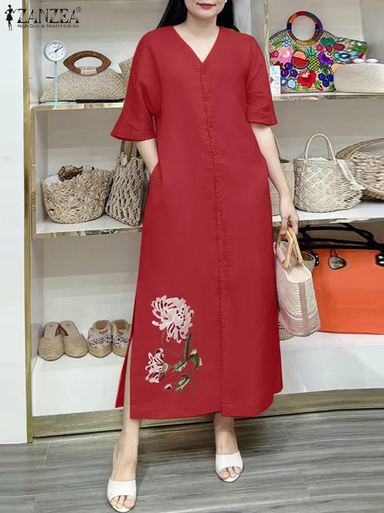 

ZANZEA Woman Fashion Floral Embroidery Long Dresses Summer Casual V-Neck Half Sleeve Button Up Robes Femme Commuting Solid Dress