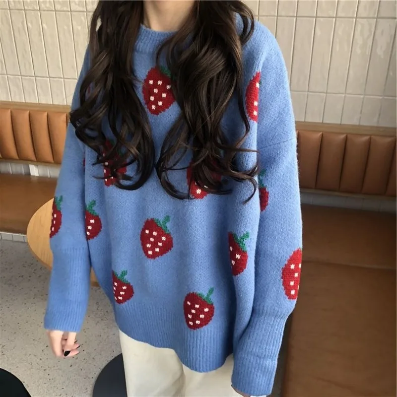 Strawberry Jacquard Knitting Tops Women Autumn Winter Fashion O-neck Loose Long Sleeve Sweater Sweet All-match Trend Knitwear