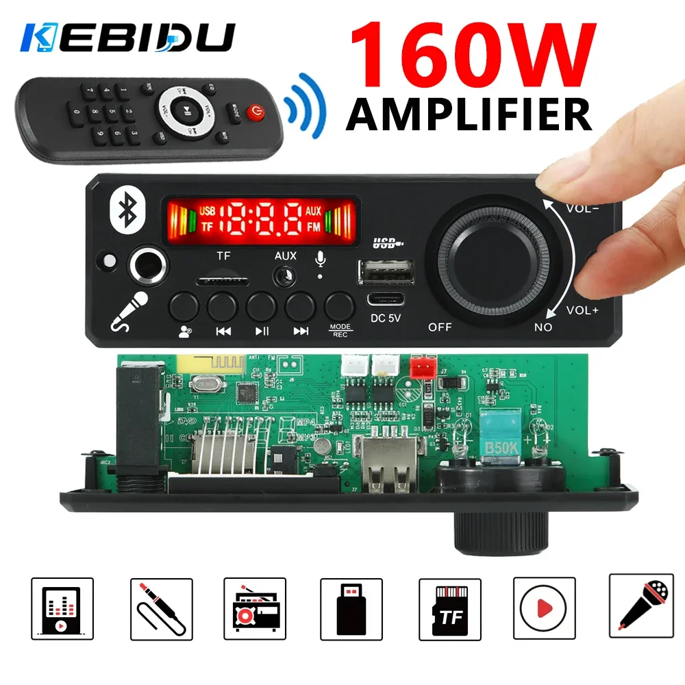 Amplificateur KEBIDU 160W Bluetooth 5.0 Lecteur MP3 Carte de décodage MP3 Module de haut-parleur audio domestique DIY avec micro 6,5 mm, bouton, USB, TF, radio FM
