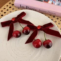 Red Cherry Bow Velvet Hair Clips Headband for Woman Girls Sweet HairPins Child Cute Barrettes Fashion Christmas Hair Accessories