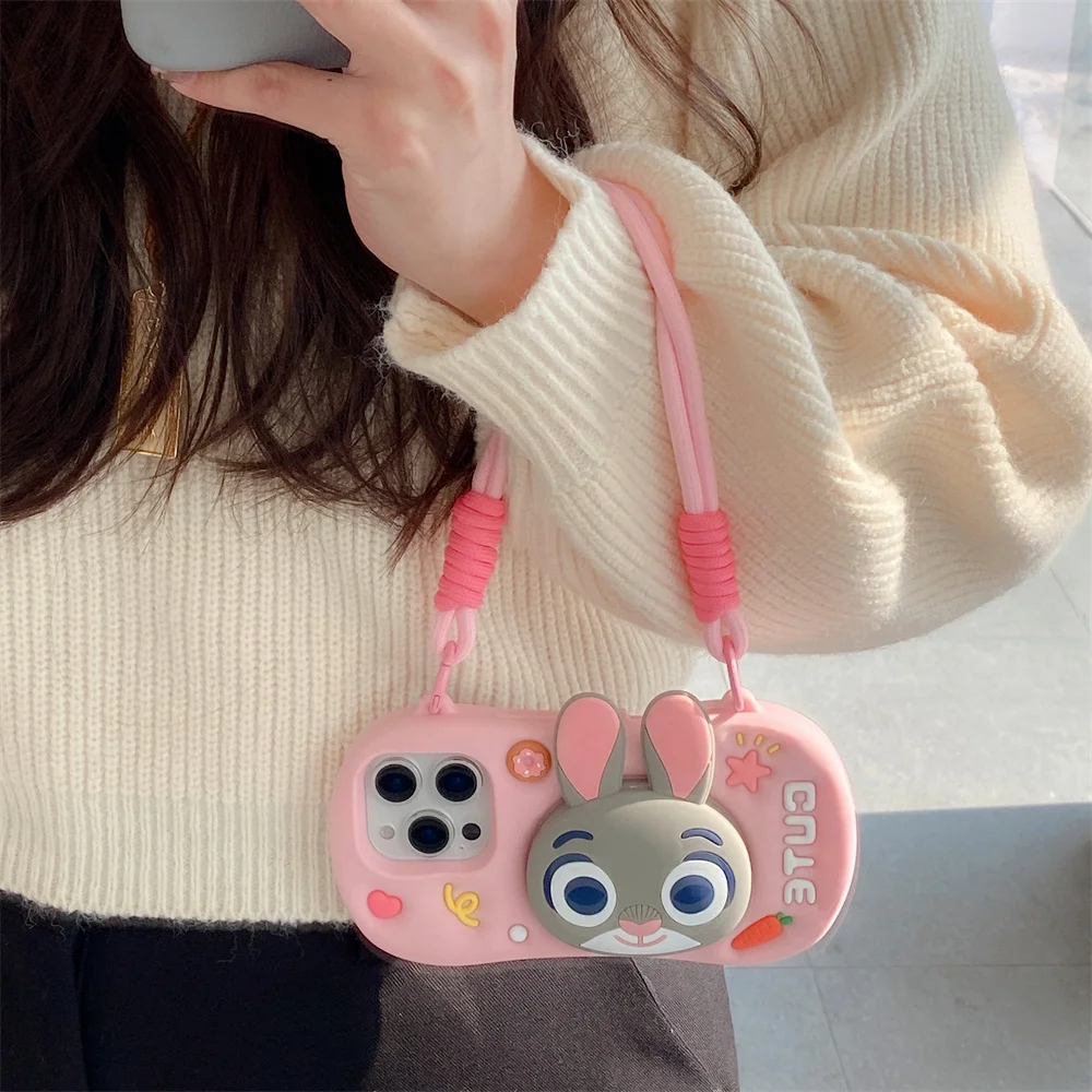 

Zootopia Cute 3D Bunny Stand Silicone Phone Case for iPhone 17 Pro 15 14 13 16 Plus Fundas Handbag Cartoon Shockproof Cover Case