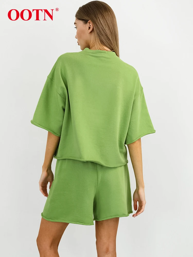 Imagem -03 - Ootn-ternos Casuais Esportivos Verdes para Mulheres Camisetas Soltas com Gola o Calções de Cordão Roupas Básicas Moda Primavera Conjuntos de Peças 2024