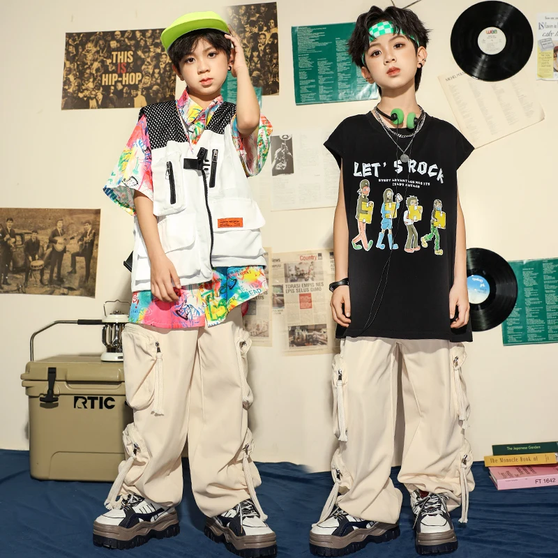 Kids Oversize Vintage Print Shirt Street Wear Hip Hop Clothing Girls White Cargo Pants For Grils Boy Jazz Dance Costume Clothes