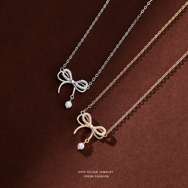 s999Pure Silver Flexible Bow Necklace Women's Wild Light Luxury Minority Pendant Butterfly Dream Clavicle Chain Gift Wholesale