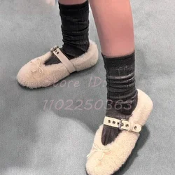 Bowknot Rabbit Fur Ballet Flat Shoes Round Toe Shallow White Women 2024 New Lamb Wool Belt Buckle Strap Sweet Mary Jane Shoes