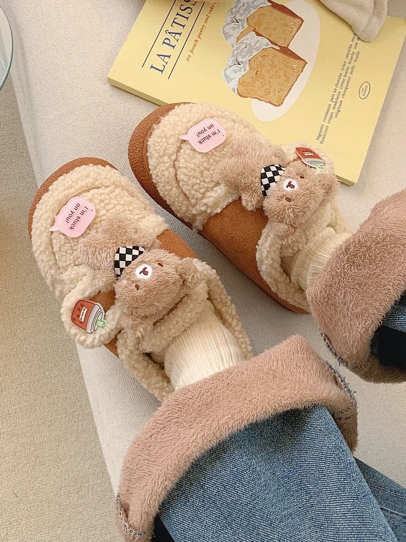 Lamb Fur Lined Cotton Shoes Women's Winter Outdoor Wear Cute Bear Faux Suede Flat round Toe Low Heel Fashion Loafers