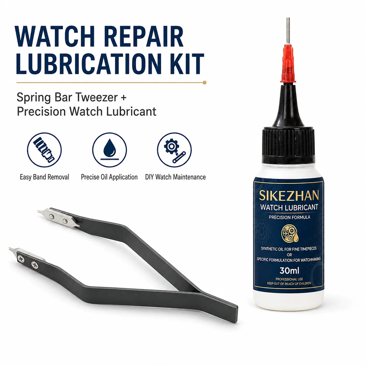 Uhrenreparaturwerkzeuge Federsteg-Pinzette Zange Armband-Entferner & 30ml Synthetisches Präzisionsschmieröl DIY Uhrmacher-Set