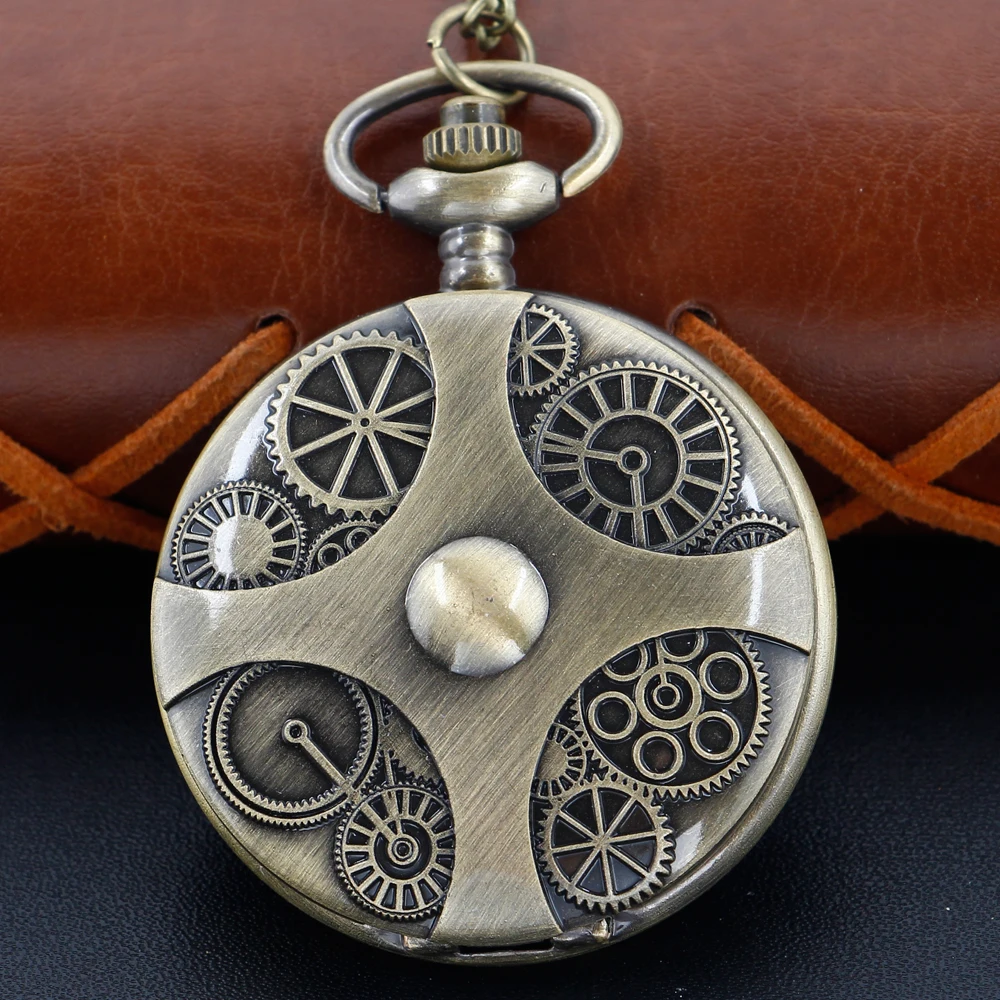 Bronze Steampunk Gear 3D Relief Quartz Pocket Watch Men and Women's Universal Necklace Children's Best Souvenir Gift