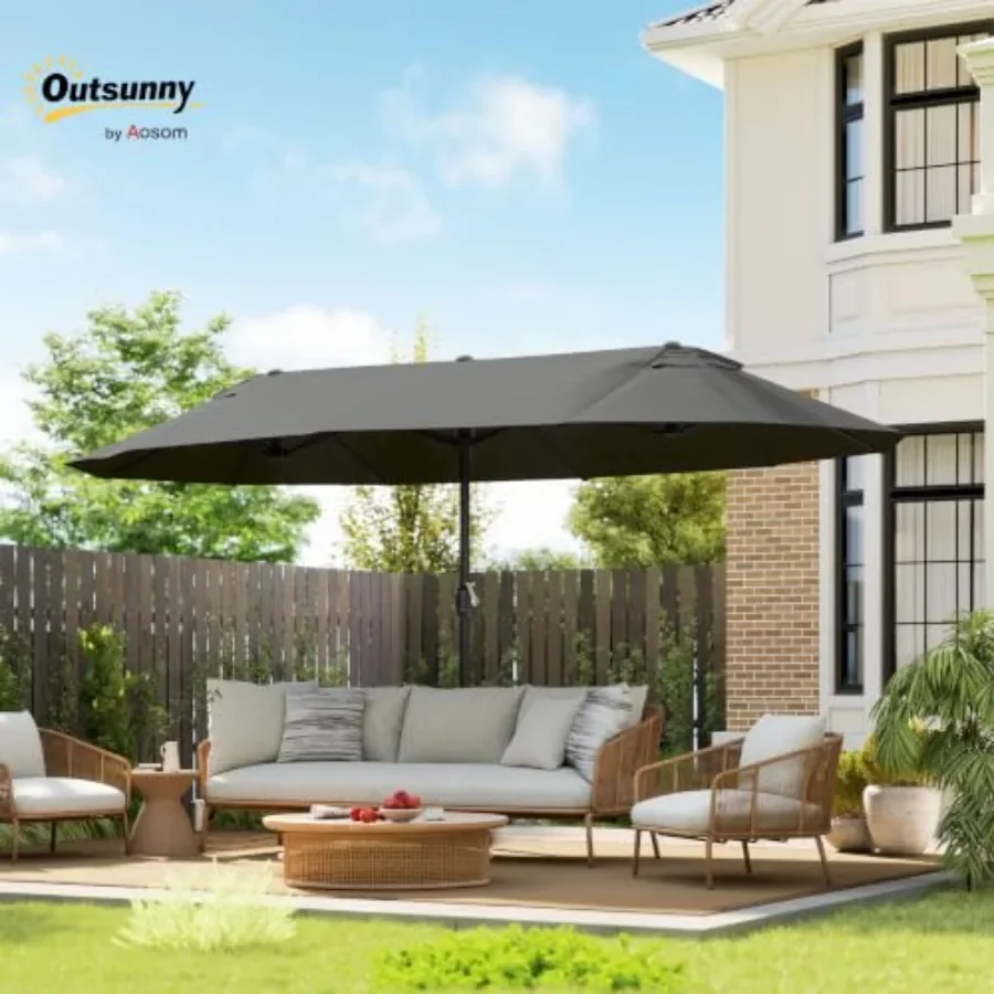 Patio umbrella for outdoor use, polyester fabric, beige, extra large 15 feet with crank handle