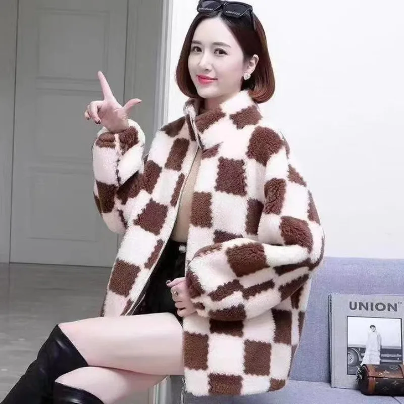 Imitation Lamb Fleece Checkerboard Plaid Coat Spring and Autumn 2023 New Design Sense Zipper Stand Neck Top Women\'s Trend