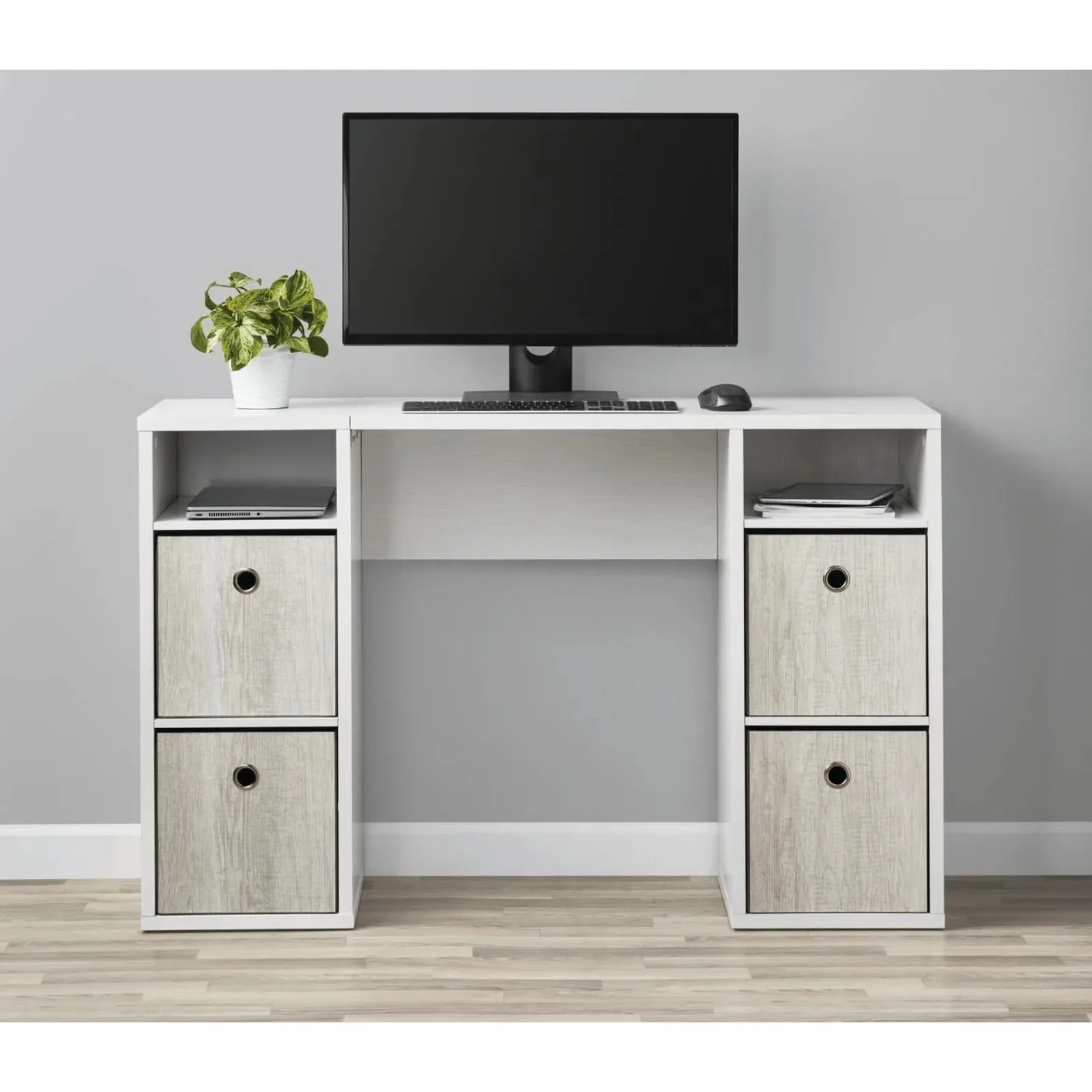 US 4-Cube Storage Desk, White GrainSpacious desk with a total of 6 closed-back shelvesFour shelves are compatible