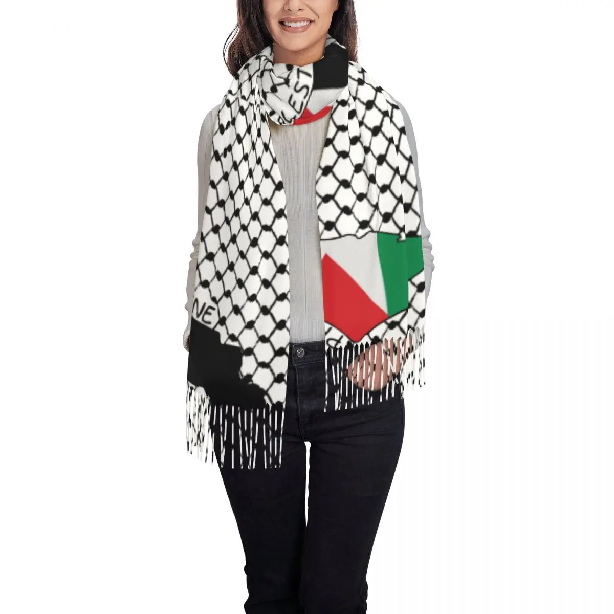 Palestine Flag Map Scarf Wrap Women Long Winter Fall Warm Tassel Shawl Unisex Scarves