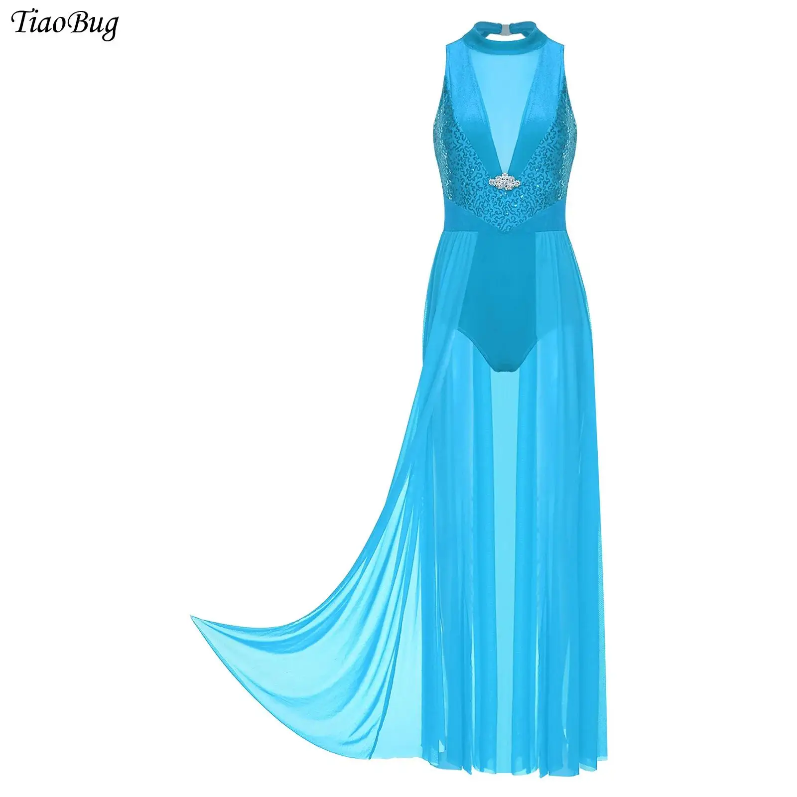 

Women Lyrical Dance Leotard Dress Contemporary Modern Costume Sequins Mesh Patchwork Halter Sleeveless Long Flowy Maxi Dresses