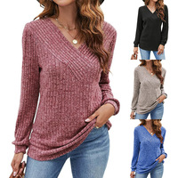 4 Colors V-Neck Knitted Top Women Elegant V-Neck Flattering Fit T-Shirt Autumn Winter Pullover Blouse