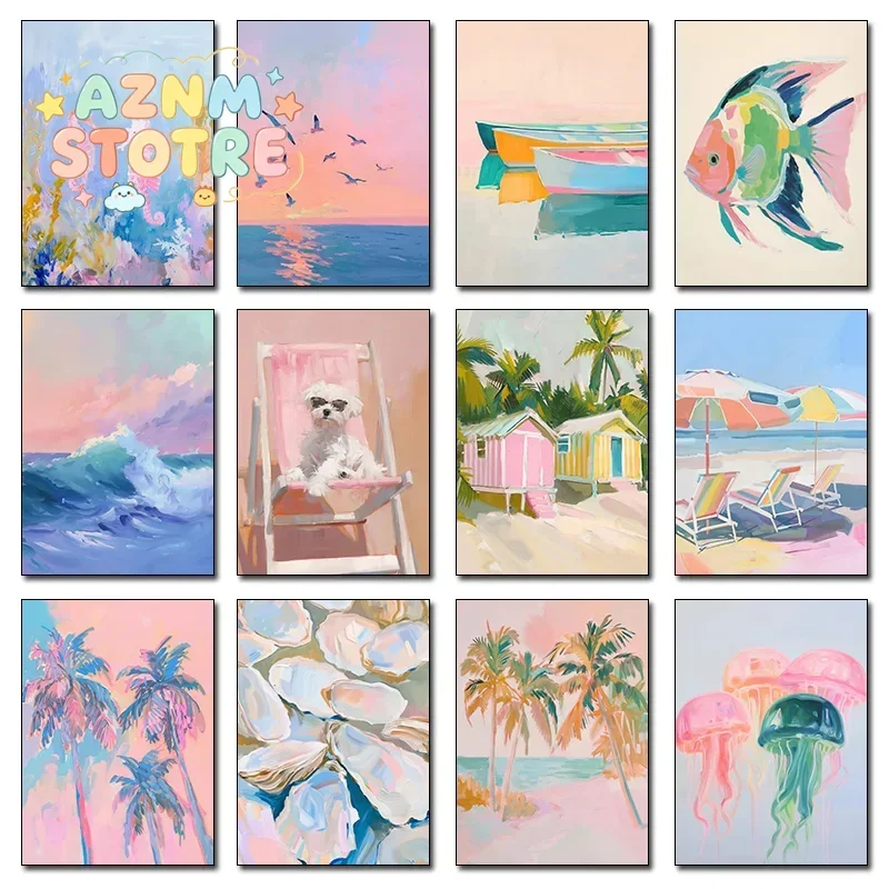 1pcs(No frame)Tropical Beach Palm Tree Sailing Lighthouse Surf Pink Sunset Poster Canvas Paintings Wall Art Picture For Livin