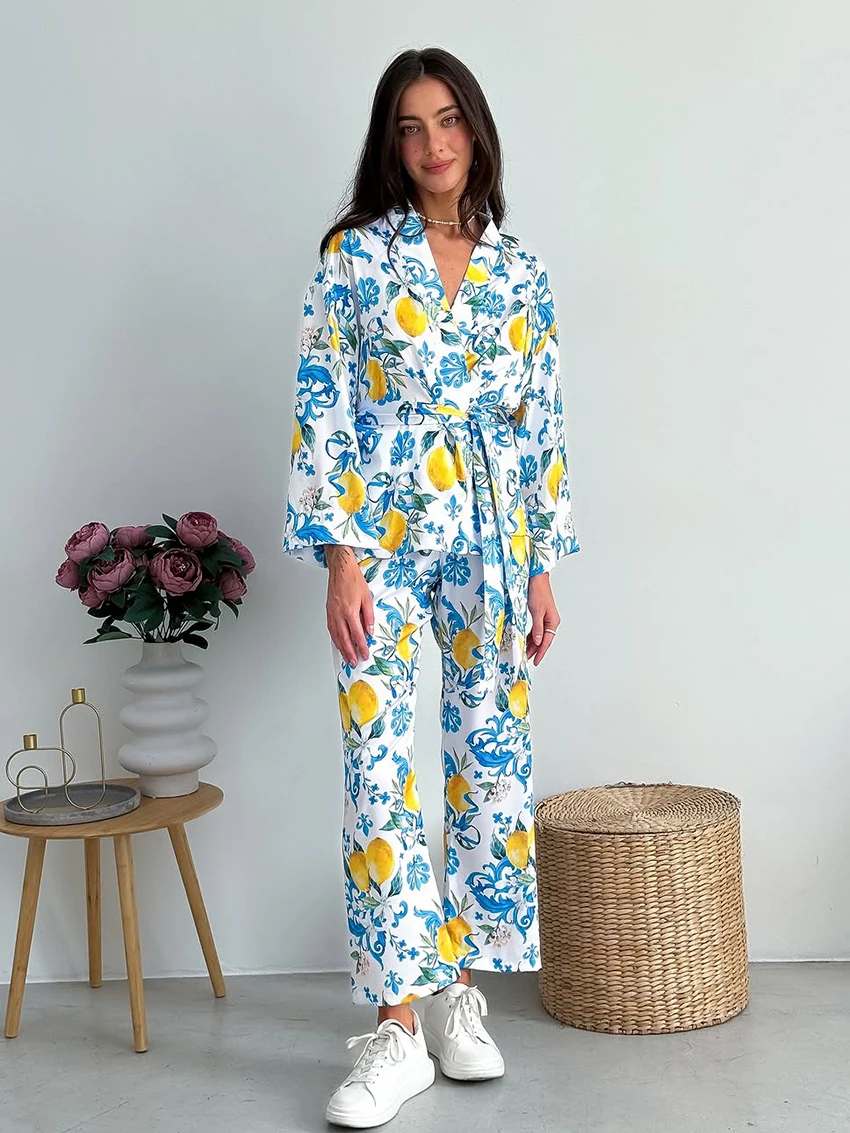 

Marthaqiqi Printing Ladies Nightgowns Set Lace Up Robe Long Sleeve Sleepwear Turn-Down Collar Nightwear Winter Pants Pajama Suit