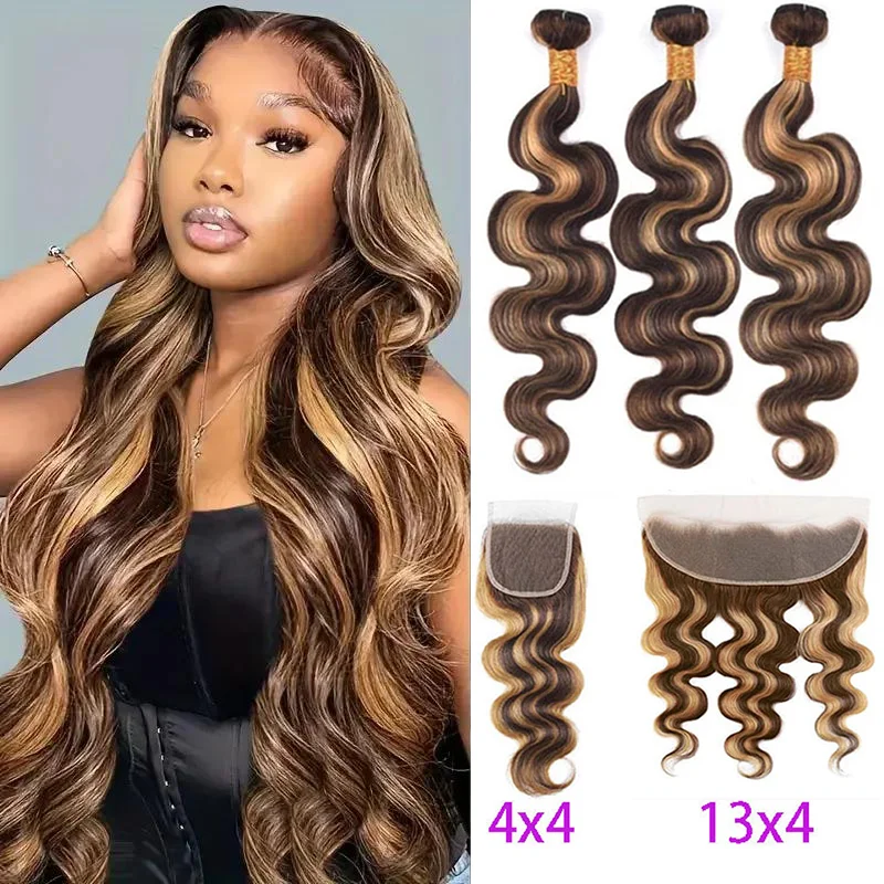 Highlight Bundles With Closure Brazilian Human Hair Ombre Body Wave Bundle With Frontal P4/27 Brown Color Remy Hair Weave Bundle