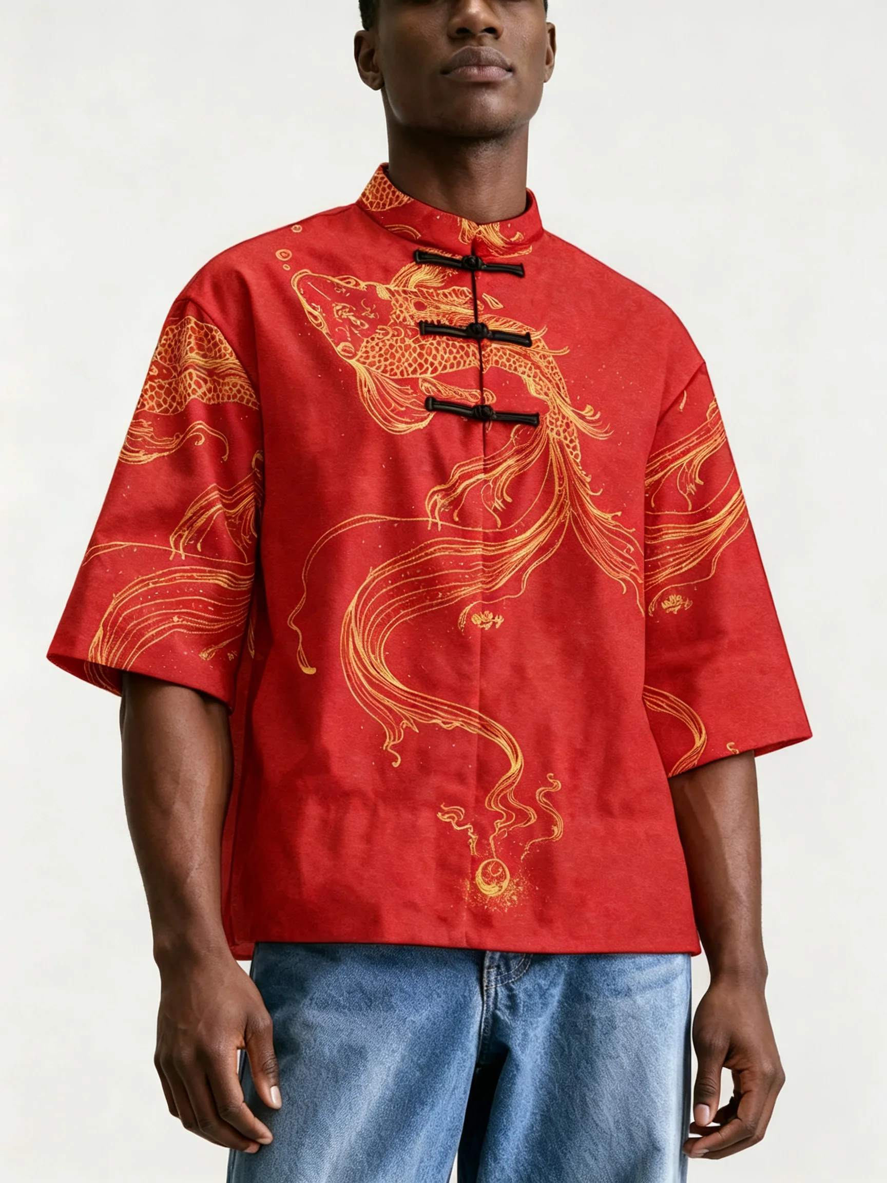 Men Men Chinese Style Frog Button Stand Collar Shirt, Loose Short Sleeve Landscape Phoenix Print Casual Blouse For Summer - Aliexpress Deal