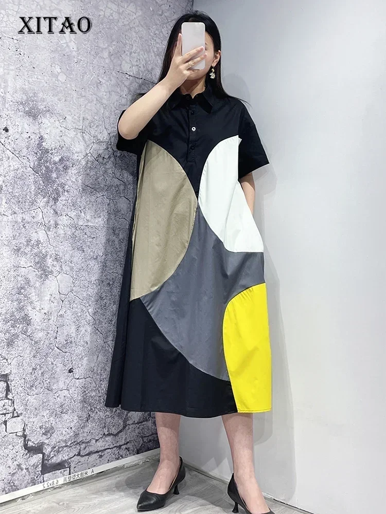 

XITAO Contrast Color Loose Dress Women Female Temperament 2025 Summer New Arrival O-neck Casual Fashion Elegant Dress ZY8451
