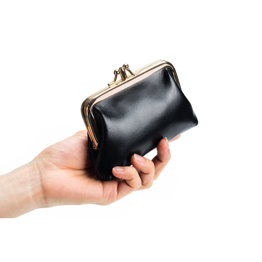 Royal Bagger Double Layer Coin Purse for Women Mini Oil Wax Skin Storage Bags Genuine Cow Leather Fashion Mouth Gold Bag 2075