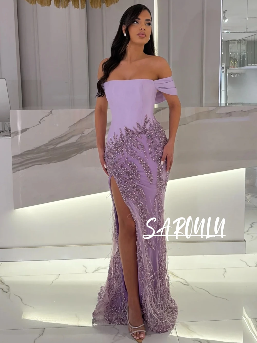 

Elegant Lavender Off Shoulder Mermaid Formal Prom Dress Shiny Beaded High Slit Feather Embellished Evening Gown Customized