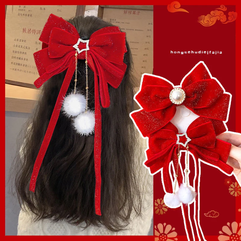 Red Golden Bow Hair Ornament Christmas New Year Accessories Hair Clips For Women Girls