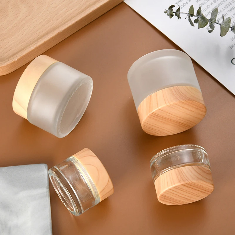 Mini Glass Jar Cosmetics Subpackage Filling Wood Grain Cap Bottle Face Cream Lipstick Storage Container Frosting Refillable