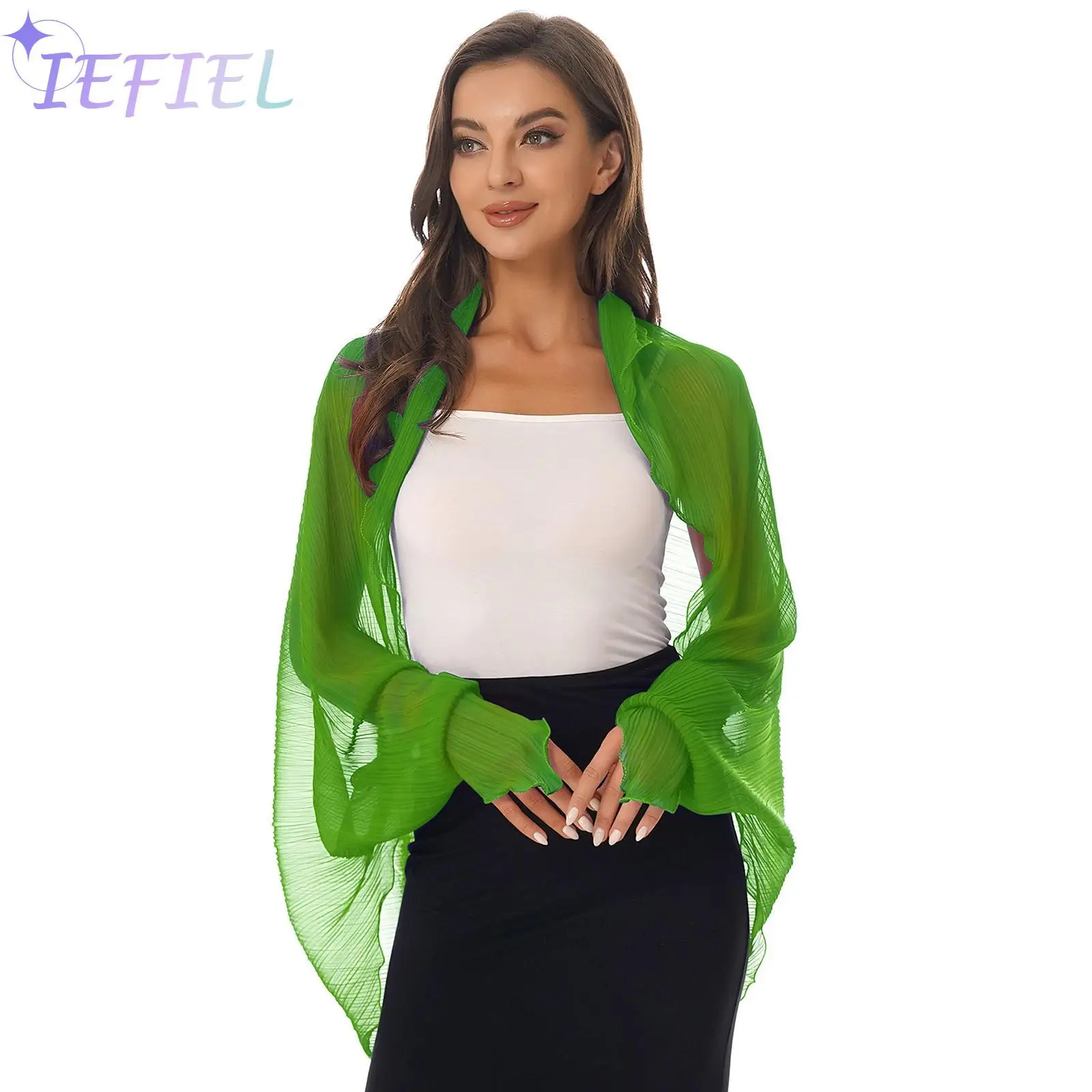 Tops de protección solar de manga larga para mujer, Bolero de gasa plisado, cárdigan frontal abierto, chal de novia