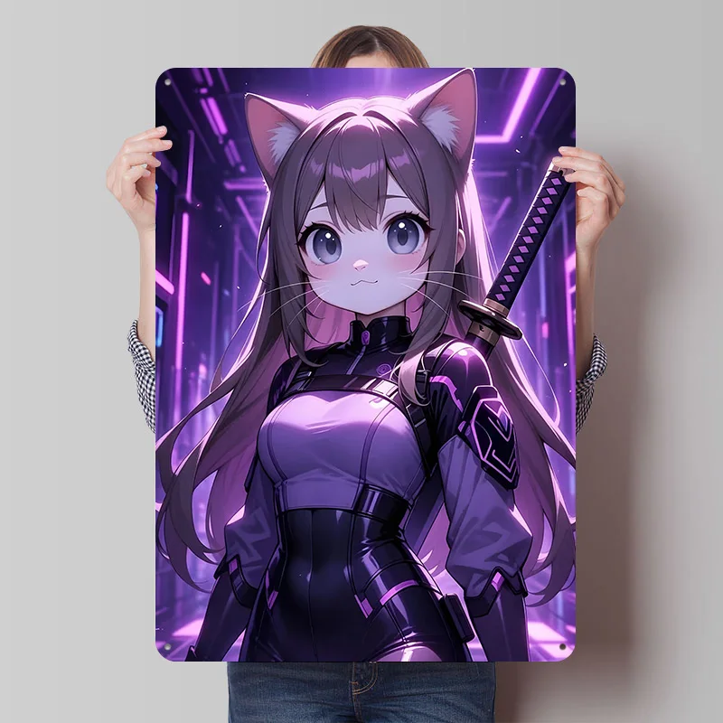 Anime Katzenmädchen mit Katana Metallposter Individuelles Wandkunstwerk Retro Vintage Blechschilder für Männerhöhle Dekoration Wohndeko-Artikel