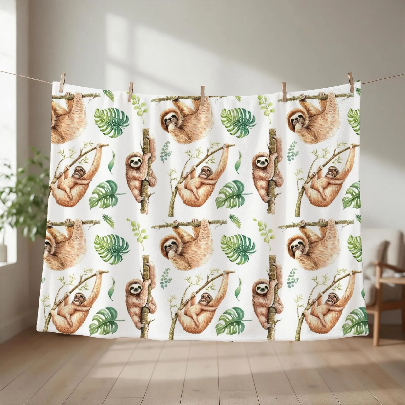 Sloths Chilling Out Watercolour Pattern. Throw Blanket couch cozy soft plush fuzzy picnic outdoor blanket