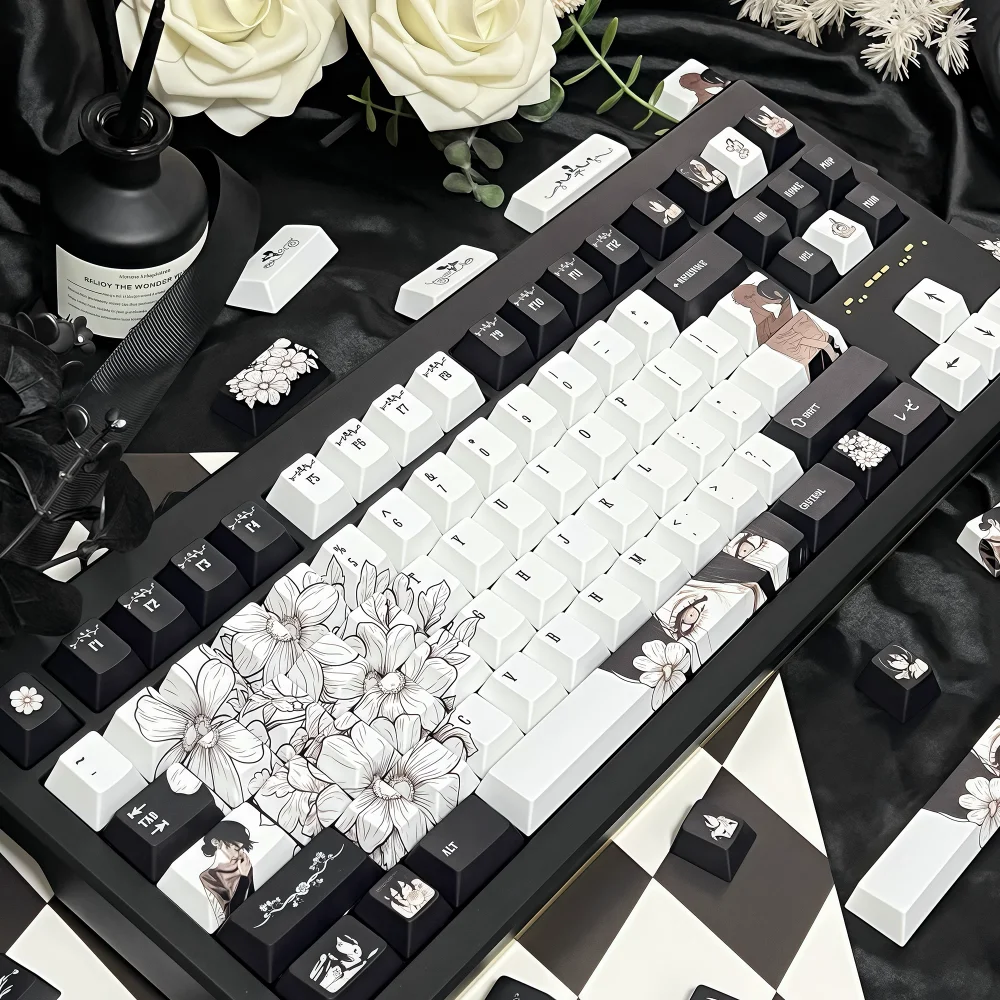 Reisai 3.0 Pro Keycap Set Anime Preto e Branco PBT Cherry Shaped Keycaps para Teclados Mecânicos 68/84/87/104