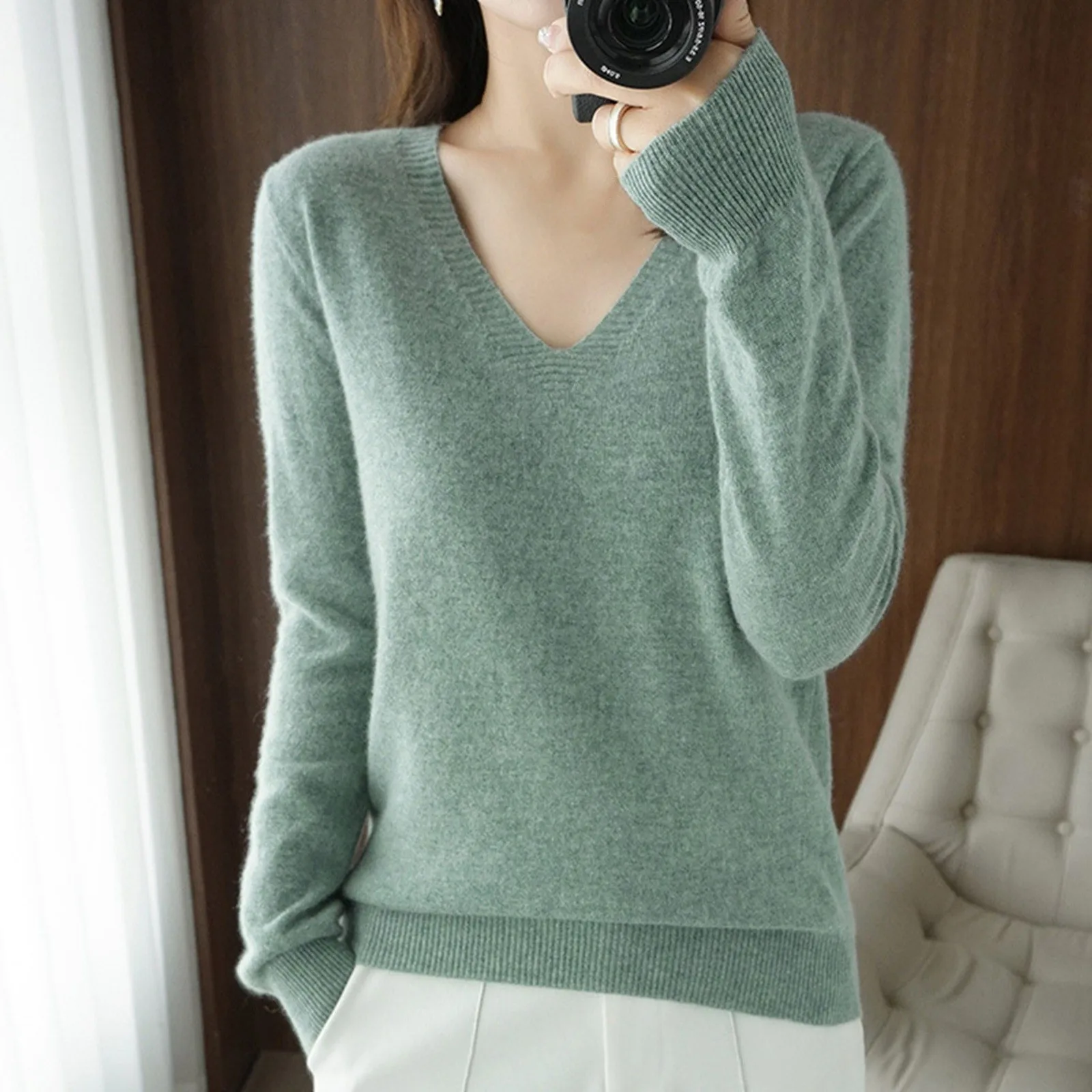 Women Solid Color Long Sleeve Knit Sweater Top Wool Pullover Base Sweater V-neck Korean Fashion Versatile Elegant Clothing