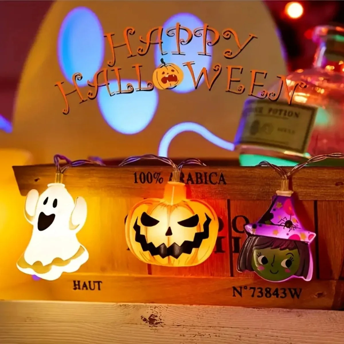 Lampu String bertenaga baterai LED 10/20 Lampu Halloween dengan hantu penyihir kucing labu laba-laba Web kerangka mumi bentuk bajak laut dalam ruangan