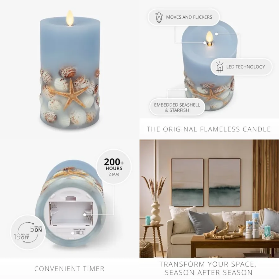 

Flameless LED Candle Soft Embedded Seashell and Starfish Moving Flame Pillar Unscented Real Wax with Recessed Edge