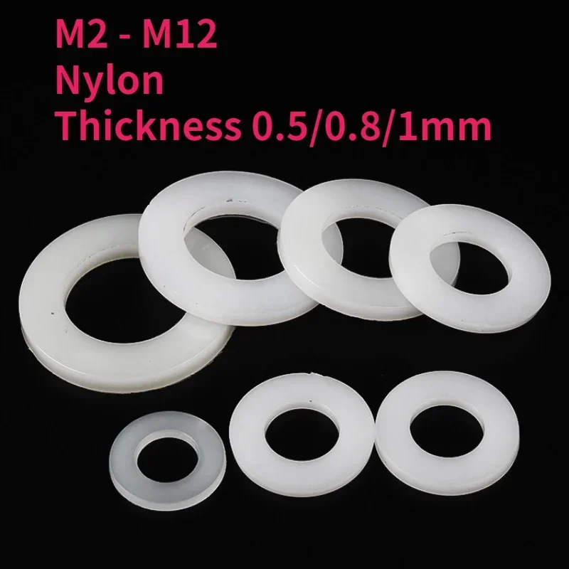 M2 M2.5 M3 M4 M5 M6 M8 M10 M12 White Plastic Nylon Flat Washer Flat Gasket Screw Bolt Insulation Washer Thickness 0.5/0.8/1mm