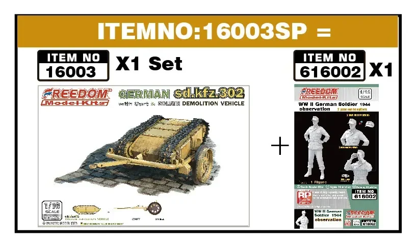 Freedom Assembly Model Kit F16003SP Sd. kfz 302 Goliath Demolition Vehicle cart  with resin soldier 1/16 Scale