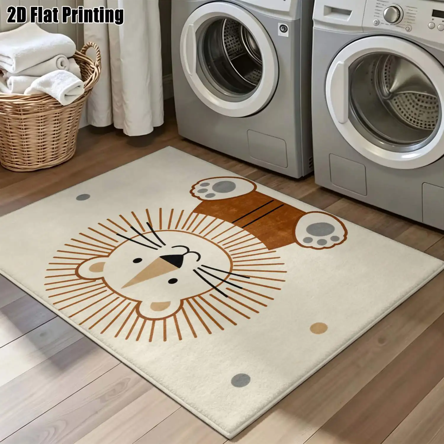 1Pc 2D Printed Cream-White Cartoon Lion Nordic Carpet, Instagram Floor Mat, Modern Minimalist Rug for Home Decor, Multi-Size, Machine Washable, Suitable for Living Room, Bedroom, Dining Room, Entrance