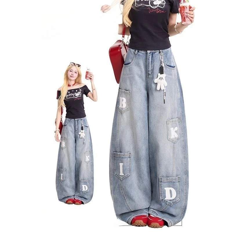 

Pants Women's Mickey Charm Jeans, Vintage Washed Sickle Wide Leg Denim Pants, Trendy Design Straight Slim Fit Casual Trousers