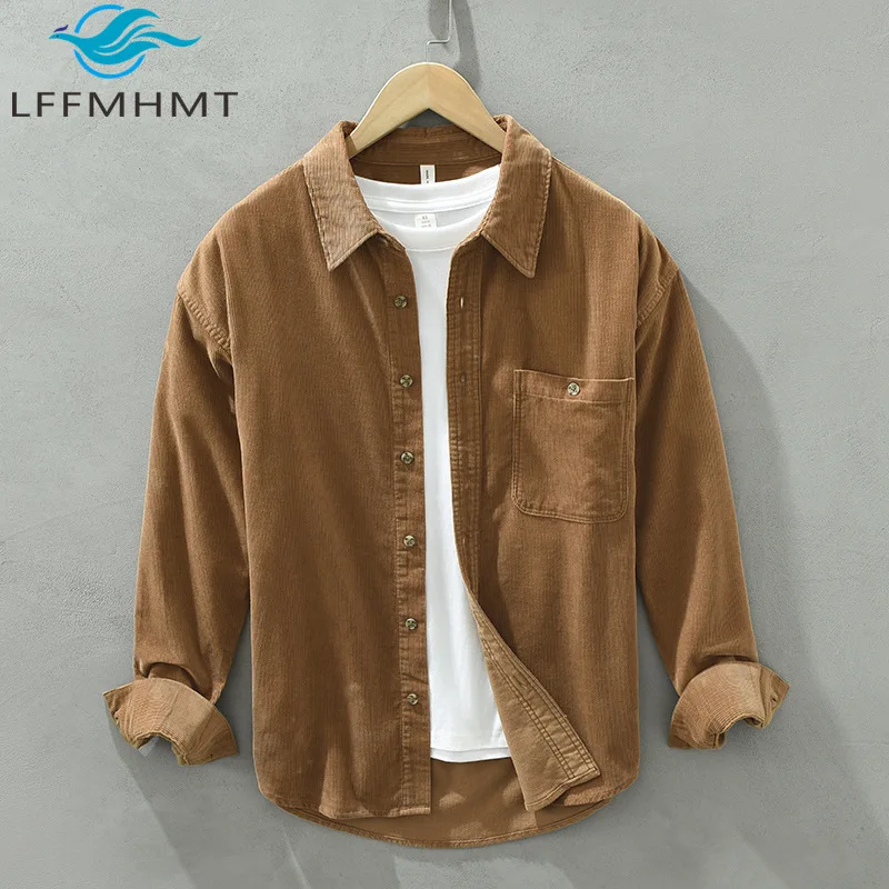 

2133 Вельветовая хлопковая винтажная рубашка для мужчин в японском стиле, классические однотонные простые базовые свободные повседневные пальто хорошего качества с длинными рукавами