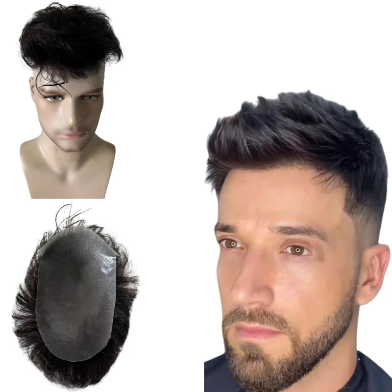 

Indian Virgin Human Hair Hairpiece #1b Color Hair Cut Toupee 8x10 Knotted PU Units for European Men