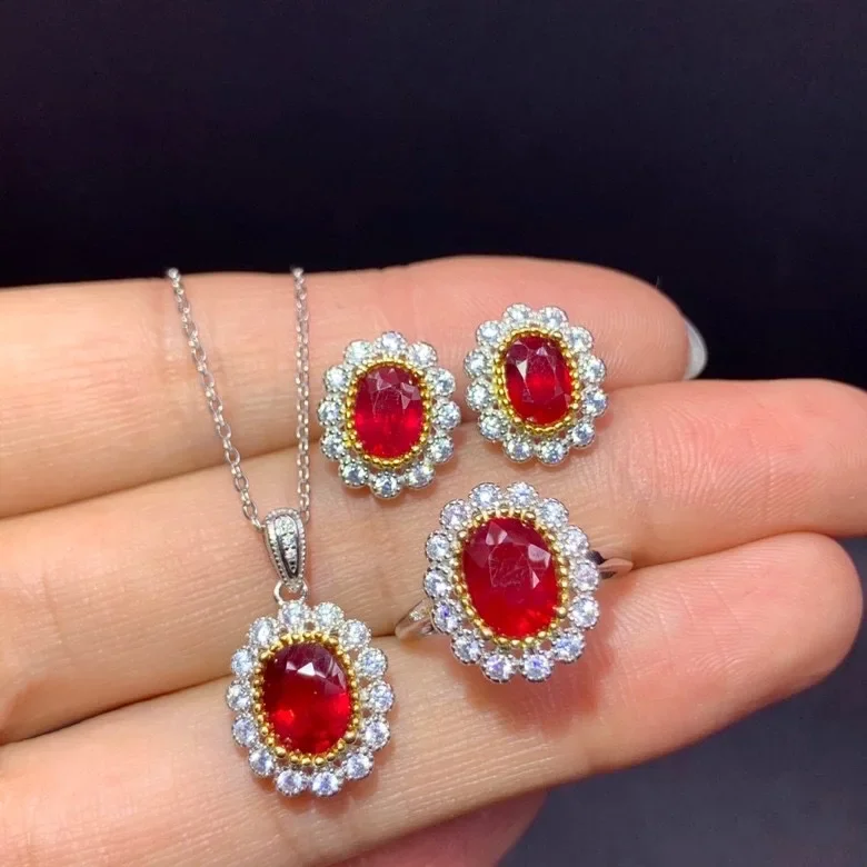 Natural Ruby Jewelry Set for Wedding Total 3.4ct Ruby Ring Earrings Pendant Set 925 Silver Ruby Jewelry with Gold Plating