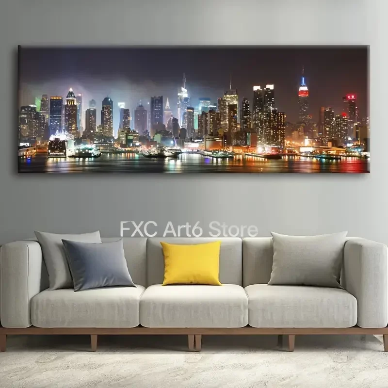 1PC frameless 1pc Canvas Poster, New York City Wall Art Skyline Manhattan Wall Picture Artwork Panorama Landscape Night Scene Pr
