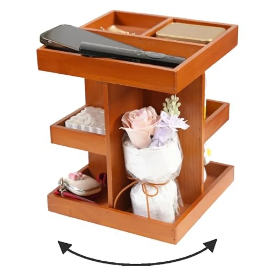 

Rotating Pine Wood Cosmetic Organizer - 360° Swivel Makeup Storage Rack with Multi-CompartmentsStorage Rack Space-Saving for Va